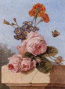 unknow artist Still life of roses,carnations and polyanthers in a terracotta urn,upon a stone ledge,together with a tortoiseshell butterfly Sweden oil painting reproduction